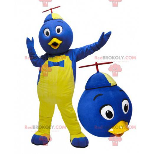 Mascote pássaro azul e amarelo com um chapéu - Redbrokoly.com