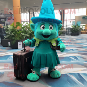 Turquoise Leprechaun mascot costume character dressed with a Maxi Skirt and Briefcases