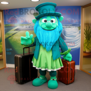 Turquoise Leprechaun mascot costume character dressed with a Maxi Skirt and Briefcases