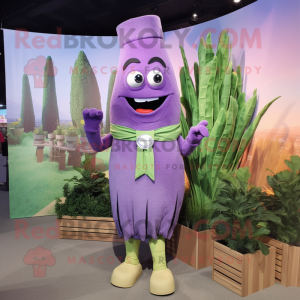 Purple Asparagus mascot costume character dressed with a Romper and Pocket squares