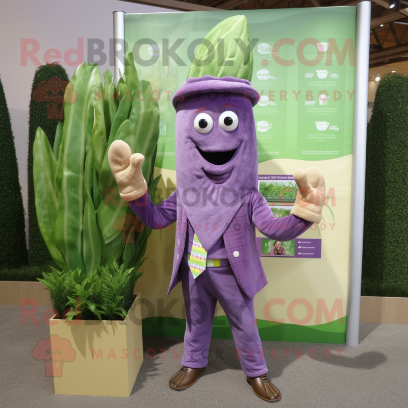 Purple Asparagus mascot costume character dressed with a Romper and Pocket squares