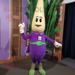 Purple Asparagus mascot costume character dressed with a Romper and Pocket squares