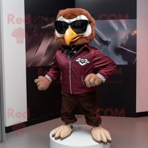 Maroon Falcon mascot costume character dressed with a Moto Jacket and Cufflinks