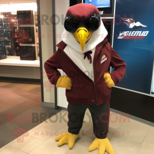Maroon Falcon mascot costume character dressed with a Moto Jacket and Cufflinks