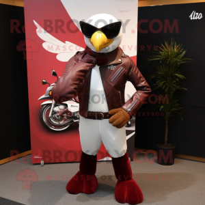 Maroon Falcon mascot costume character dressed with a Moto Jacket and Cufflinks