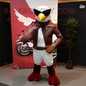 Maroon Falcon mascot costume character dressed with a Moto Jacket and Cufflinks