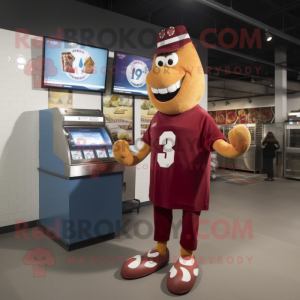 Maroon Hot Dogs mascot costume character dressed with a Oxford Shirt and Digital watches