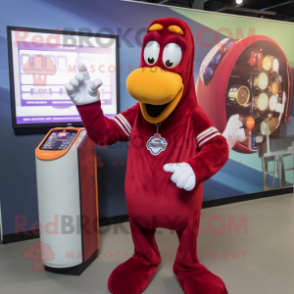 Maroon Hot Dogs mascot costume character dressed with a Oxford Shirt and Digital watches
