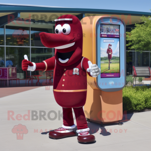 Maroon Hot Dogs mascot costume character dressed with a Oxford Shirt and Digital watches