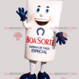 Mascota gigante de paquete de harina blanca y azul -