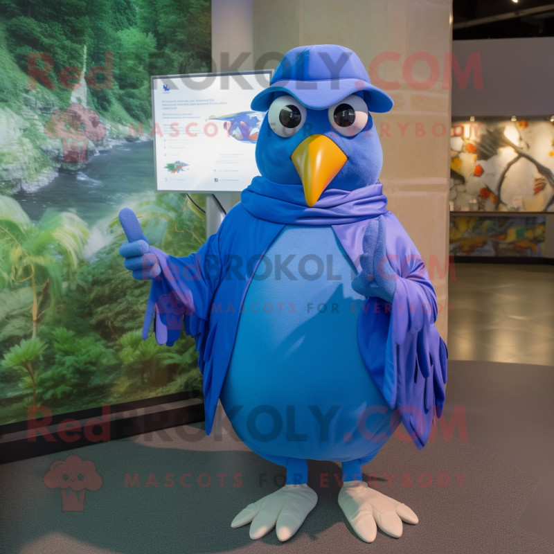 Blue Quail mascot costume character dressed with a Cover-up and Caps