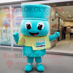 Turquoise Miso Soup mascot costume character dressed with a Blouse and Hat pins
