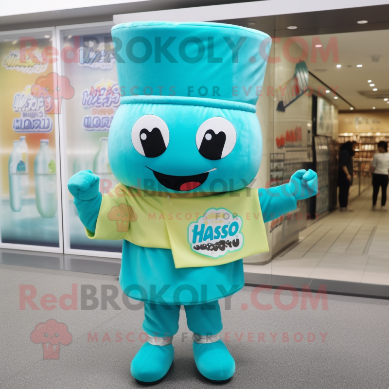 Turquoise Miso Soup mascot costume character dressed with a Blouse and Hat pins Turquoise Miso Soup mascot costume character dressed with a Blouse and Hat pins