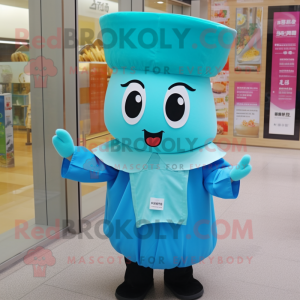 Turquoise Miso Soup mascot costume character dressed with a Blouse and Hat pins