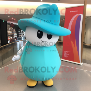 Turquoise Miso Soup mascot costume character dressed with a Blouse and Hat pins