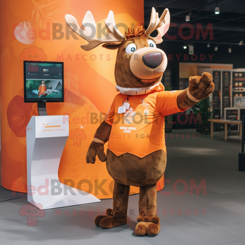 Orange Elk mascot costume character dressed with a Dress and Lapel pins Orange Elk mascot costume character dressed with a Dress and Lapel pins