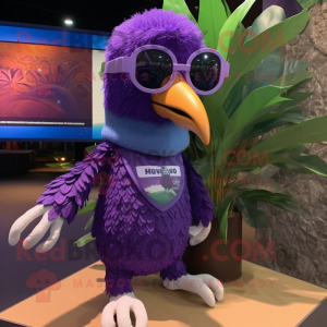 Purple Archeopteryx mascot costume character dressed with a Sweater and Sunglasses