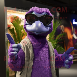 Purple Archeopteryx mascot costume character dressed with a Sweater and Sunglasses