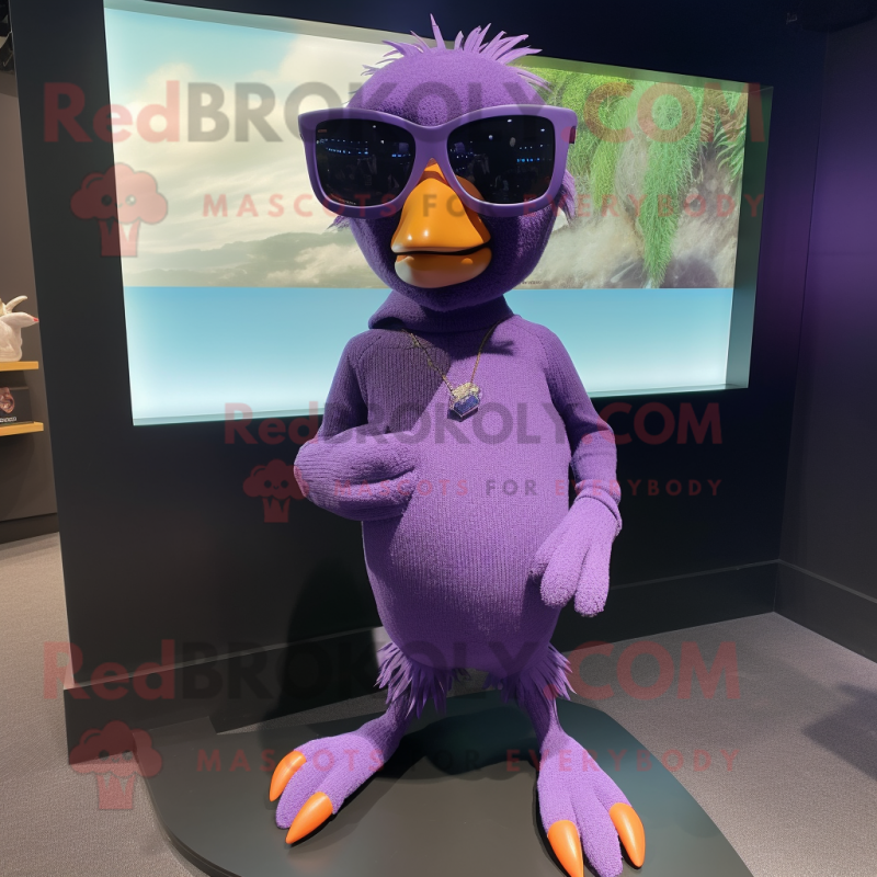 Purple Archeopteryx mascot costume character dressed with a Sweater and Sunglasses Purple Archeopteryx mascot costume character dressed with a Sweater and Sunglasses