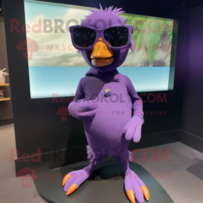 Purple Archeopteryx mascot costume character dressed with a Sweater and Sunglasses