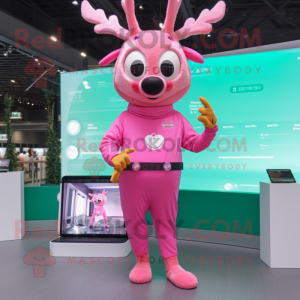 Pink Reindeer mascot costume character dressed with a Jumpsuit and Smartwatches