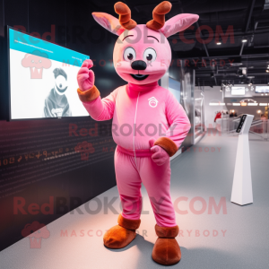 Pink Reindeer mascot costume character dressed with a Jumpsuit and Smartwatches