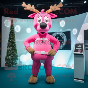 Pink Reindeer mascot costume character dressed with a Jumpsuit and Smartwatches