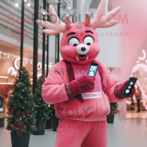 Pink Reindeer mascot costume character dressed with a Jumpsuit and Smartwatches