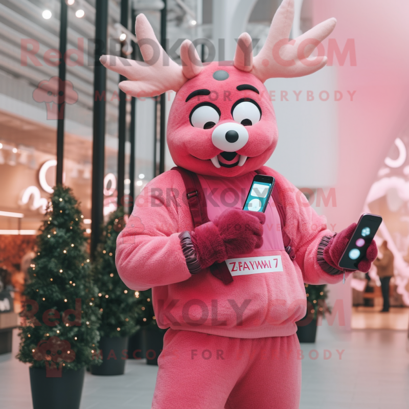 Pink Reindeer mascot costume character dressed with a Jumpsuit and Smartwatches Pink Reindeer mascot costume character dressed with a Jumpsuit and Smartwatches