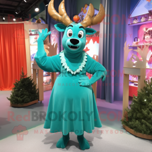 Turquoise Reindeer mascot costume character dressed with a Pleated Skirt and Clutch bags
