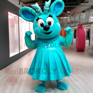 Turquoise Reindeer mascot costume character dressed with a Pleated Skirt and Clutch bags