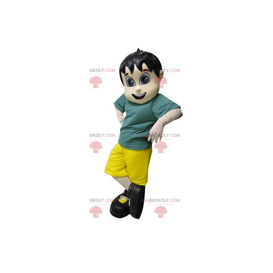 Mascot niño marrón en traje verde y amarillo - Redbrokoly.com