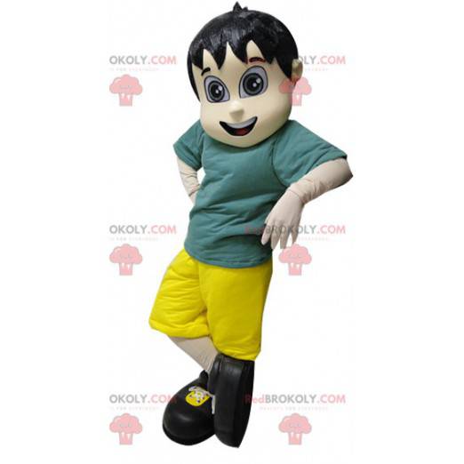 Mascotte ragazzo marrone in abito verde e giallo -