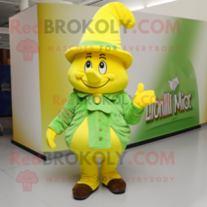 Lemon Yellow Leprechaun Hat mascot costume character dressed with a Long Sleeve Tee and Mittens