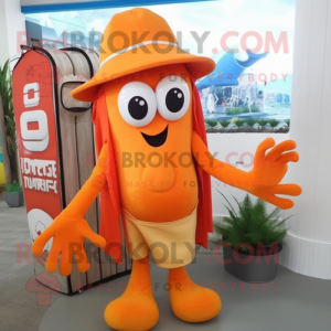 Orange Squid mascot costume character dressed with a Romper and Tote bags