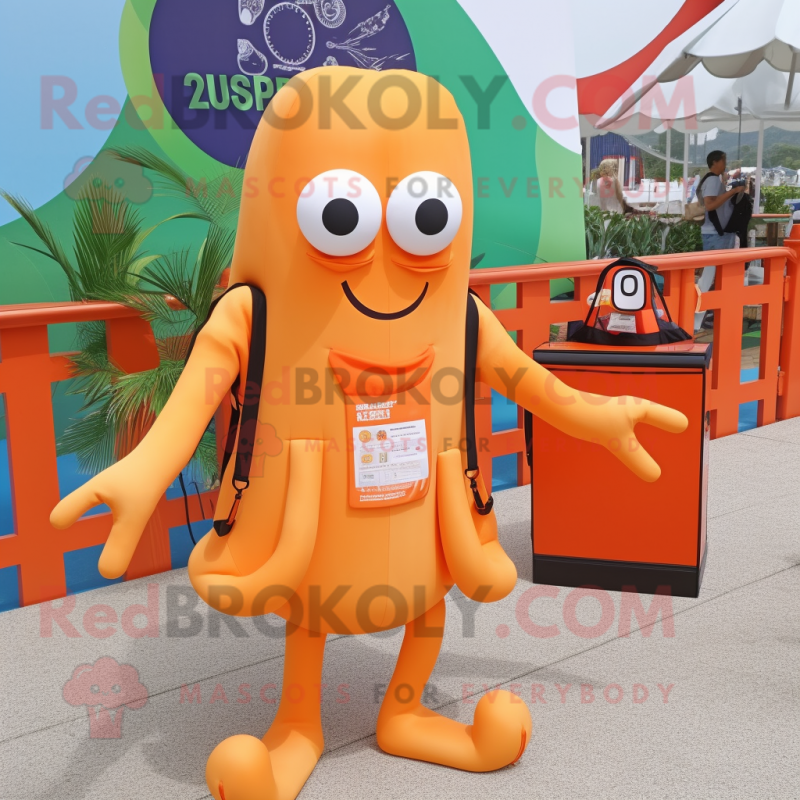 Orange Squid mascot costume character dressed with a Romper and Tote bags Orange Squid mascot costume character dressed with a Romper and Tote bags
