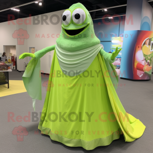 Lime Green Enchiladas mascot costume character dressed with a Ball Gown and Shawls