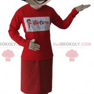 Mascot mujer morena muy elegante vestida de rojo -