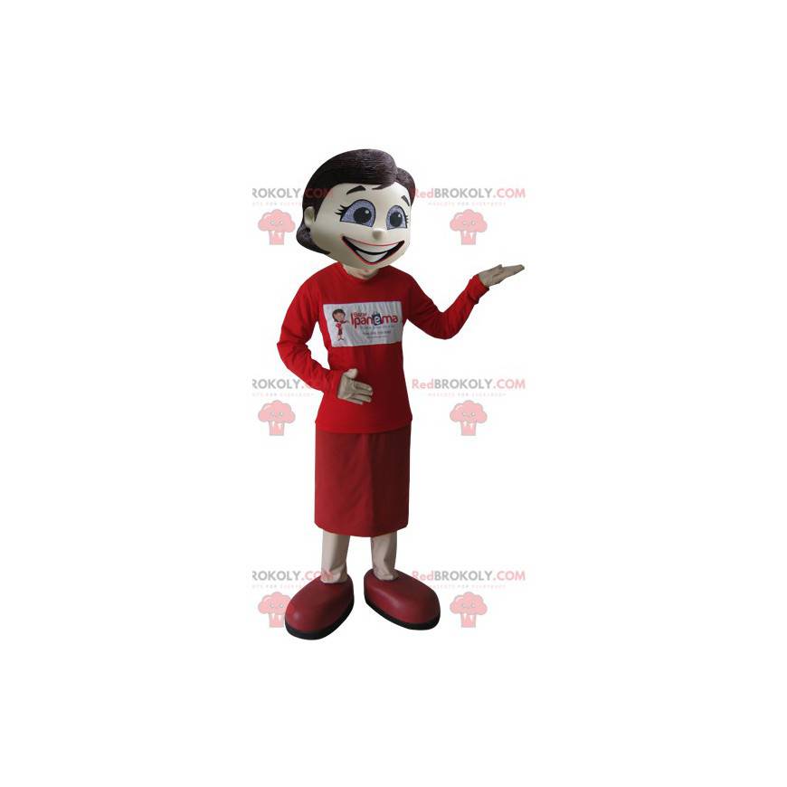Mascot mujer morena muy elegante vestida de rojo -