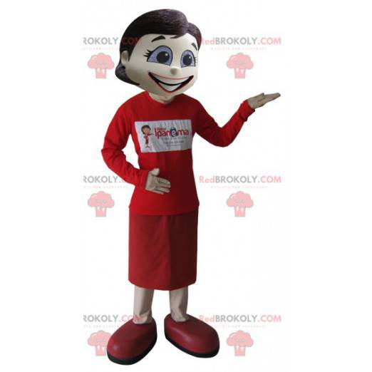 Mascot mujer morena muy elegante vestida de rojo -