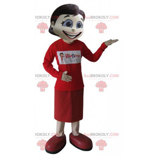 Mascot zeer elegante brunette vrouw gekleed in het rood -