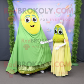 Lime Green Enchiladas mascot costume character dressed with a Ball Gown and Shawls