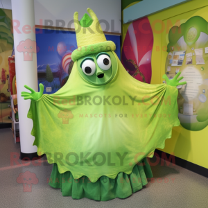 Lime Green Enchiladas mascot costume character dressed with a Ball Gown and Shawls