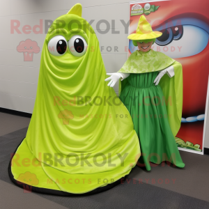 Lime Green Enchiladas mascot costume character dressed with a Ball Gown and Shawls