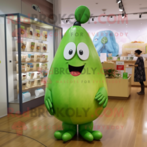 Green Pear mascot costume character dressed with a Romper and Earrings