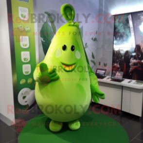 Green Pear mascot costume character dressed with a Romper and Earrings