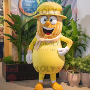 Yellow Onion mascot costume character dressed with a Bermuda Shorts and Hats