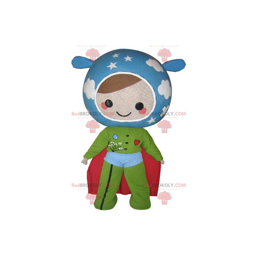 Doll mascot in the colors of the Earth. Super hero -
