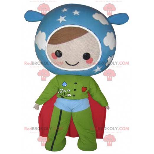 Maskot panenky v barvách Země. Super hrdina - Redbrokoly.com