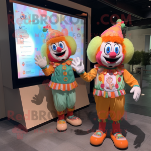 Peach Clown mascot costume character dressed with a Romper and Smartwatches